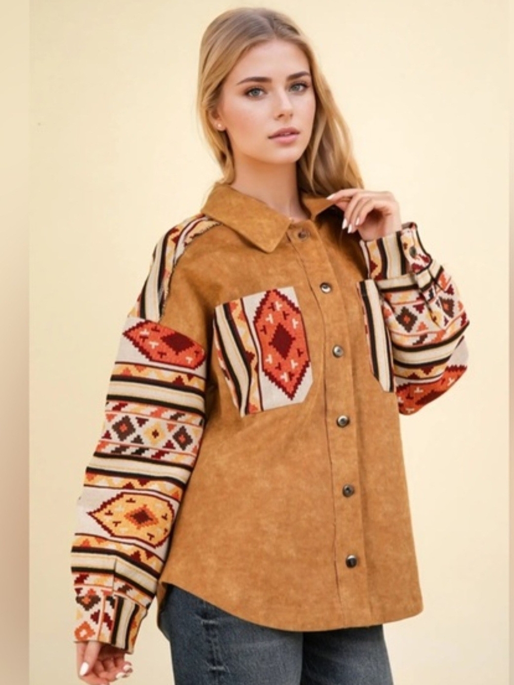 Aztec Patchwork Utility Jacket Oversized Western Shacket - Picture 2 of 7